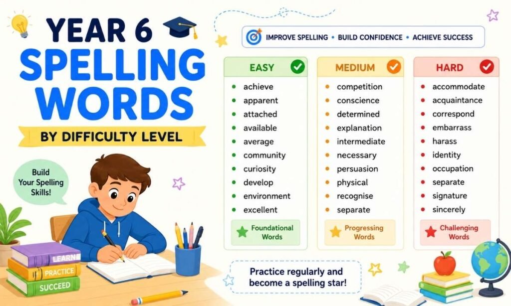 Year 6 Spelling Words by Difficulty Level